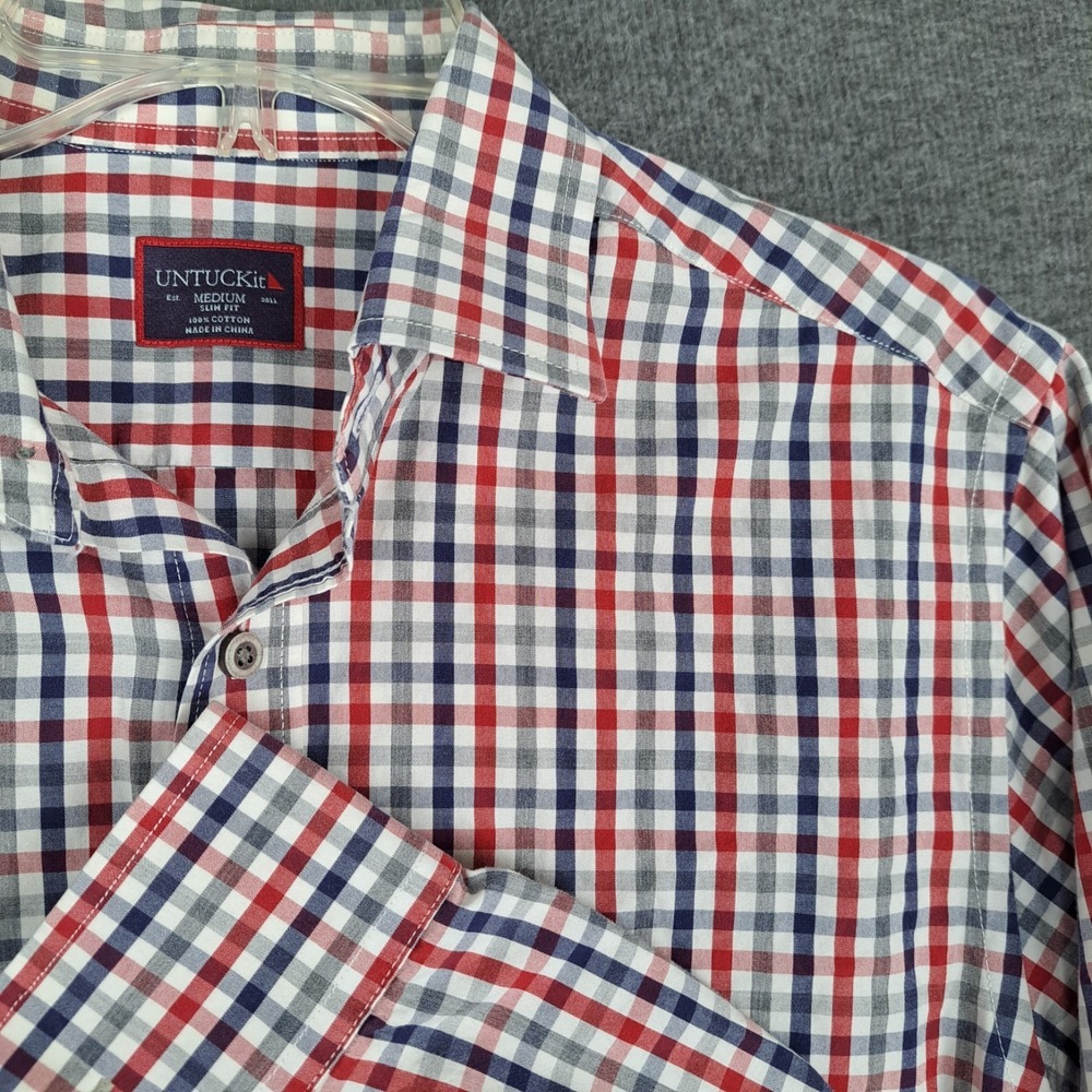 UNTUCKit Men's Medium Red White Blue Windowpane Plaid Long Sleeve Shirt Slim Fit